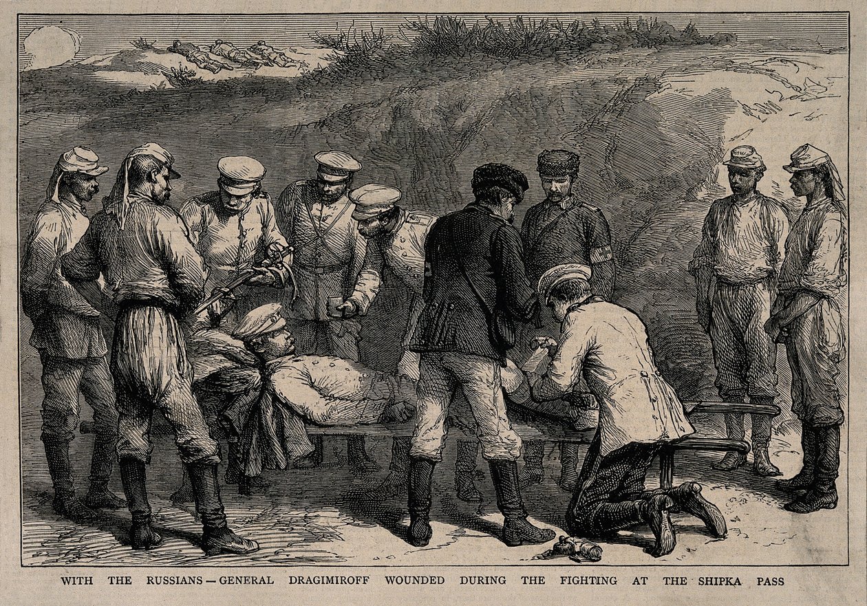 Generál Michail Dragomirov zraněn během bitvy v průsmyku Shipka, cca 1878 od Unbekannt