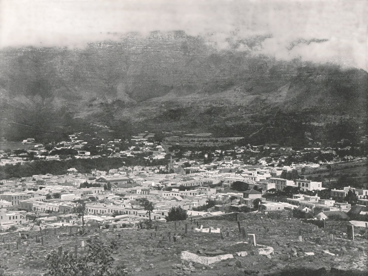 Celkový pohled zobrazující Stolovou horu zahalenou parou, Kapské Město, Jižní Afrika, 1895. od Unbekannt