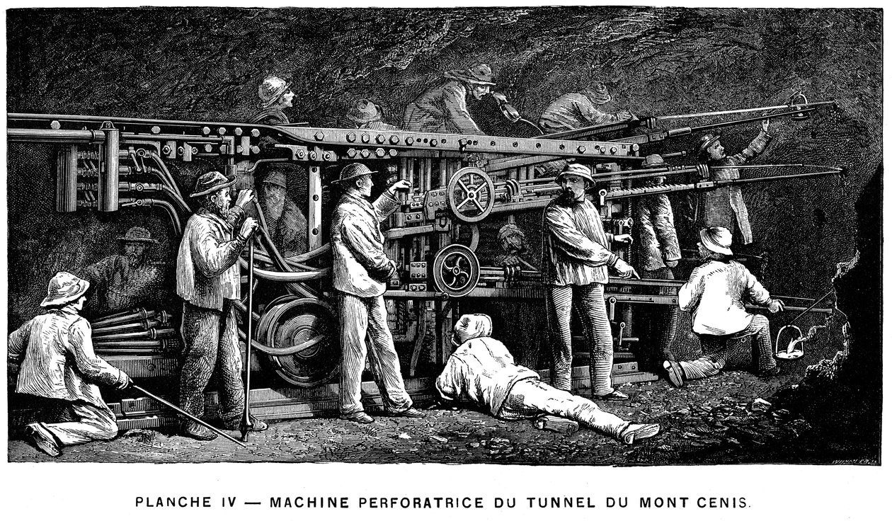 Germain Sommeillers vrták na stlačený vzduch používaný při ražbě tunelu Mont Cenis, 1874 od Unbekannt