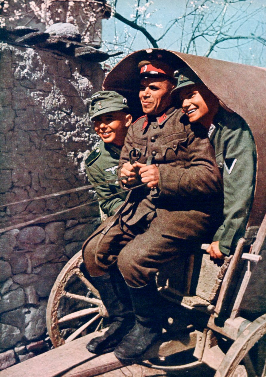 Německé alpské jednotky na voze s bulharským vojákem, údolí Struma, Bulharsko, 1941 od Unbekannt