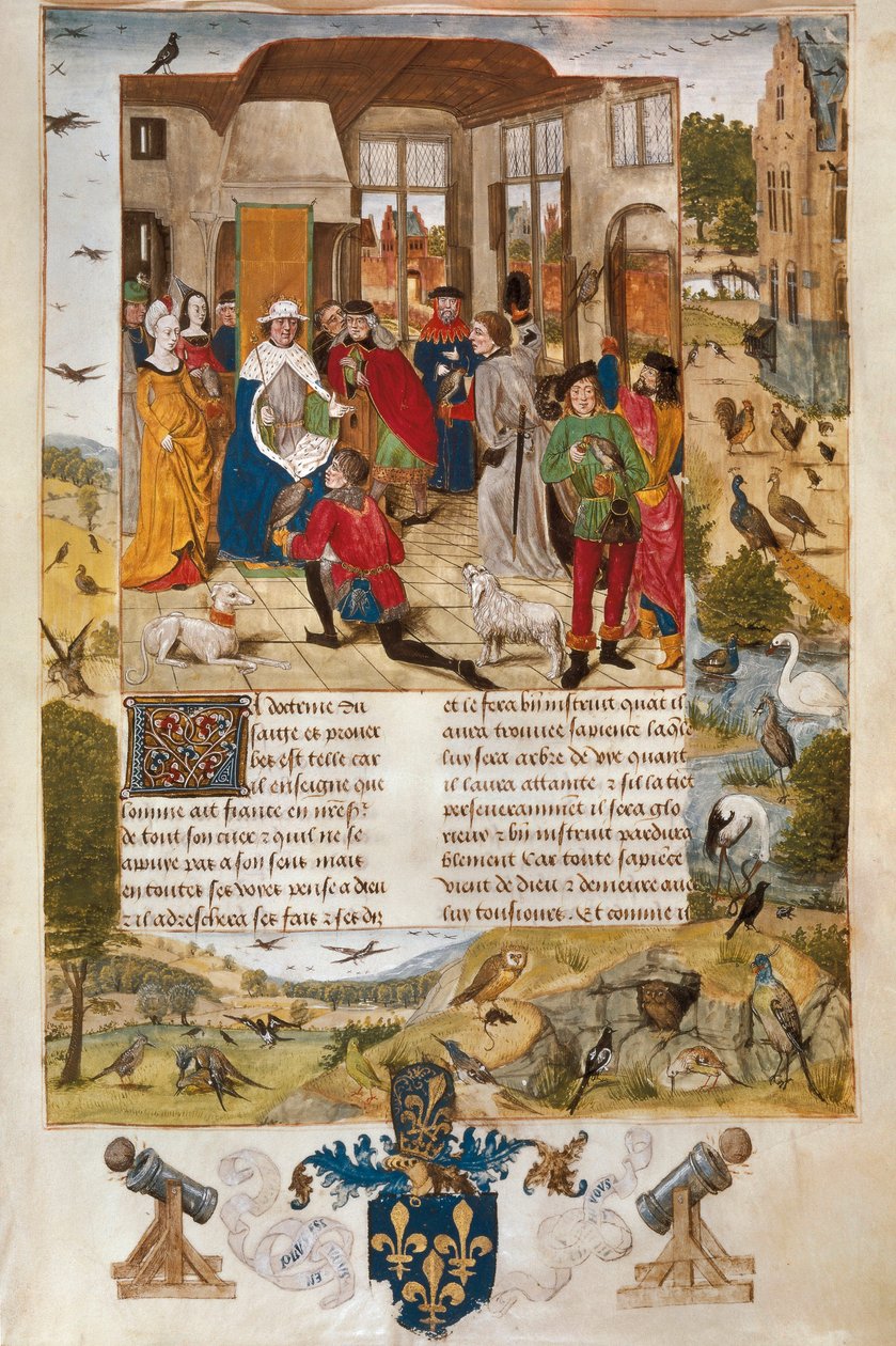 Německý císař Fridrich II. z Hohenstaufen obklopený sokolnickými lovci, miniaturní. od Unbekannt