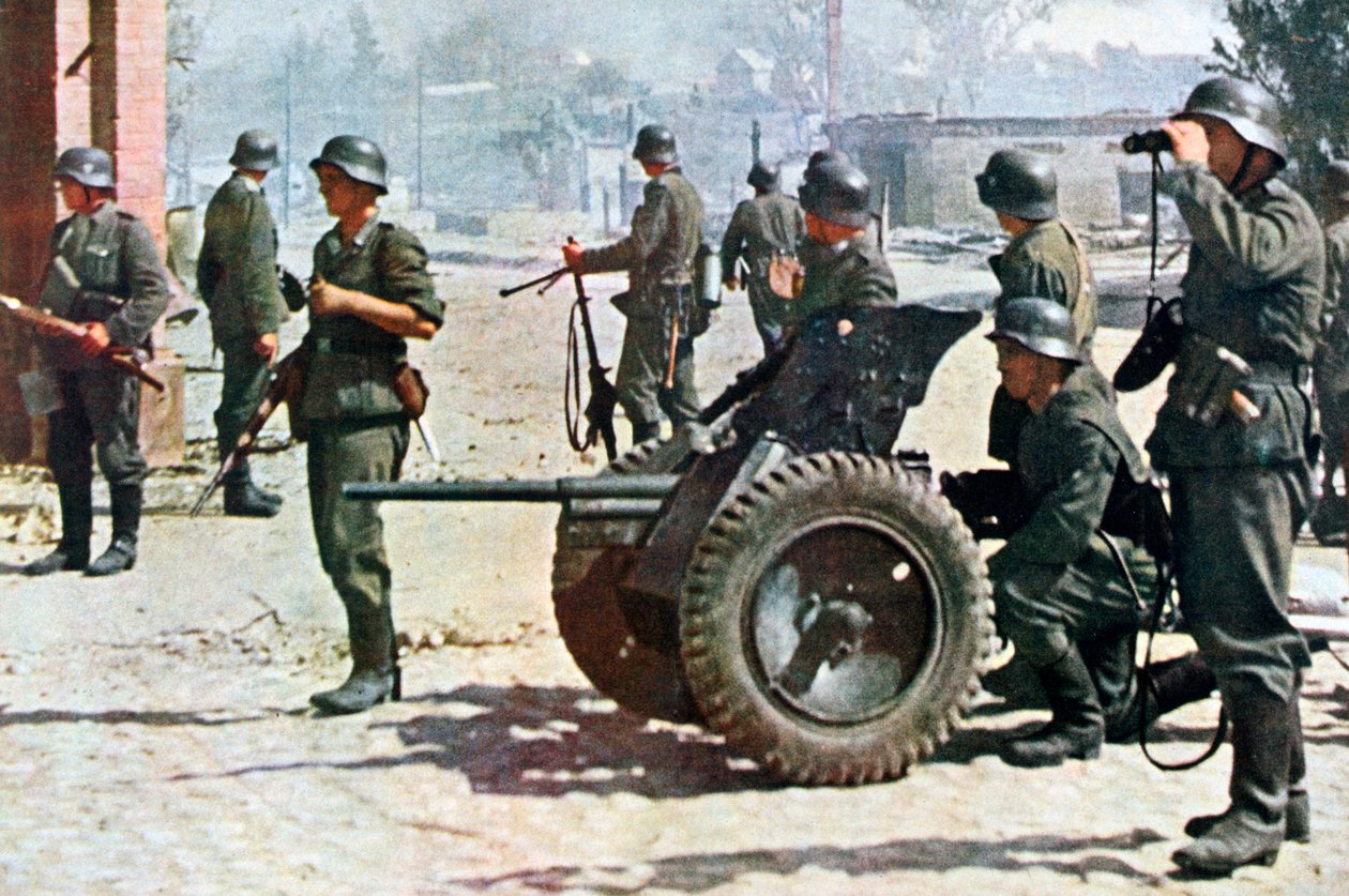 Němečtí pěšáci s lehkým polním dělostřelectvem, Rusko, 1943 od Unbekannt