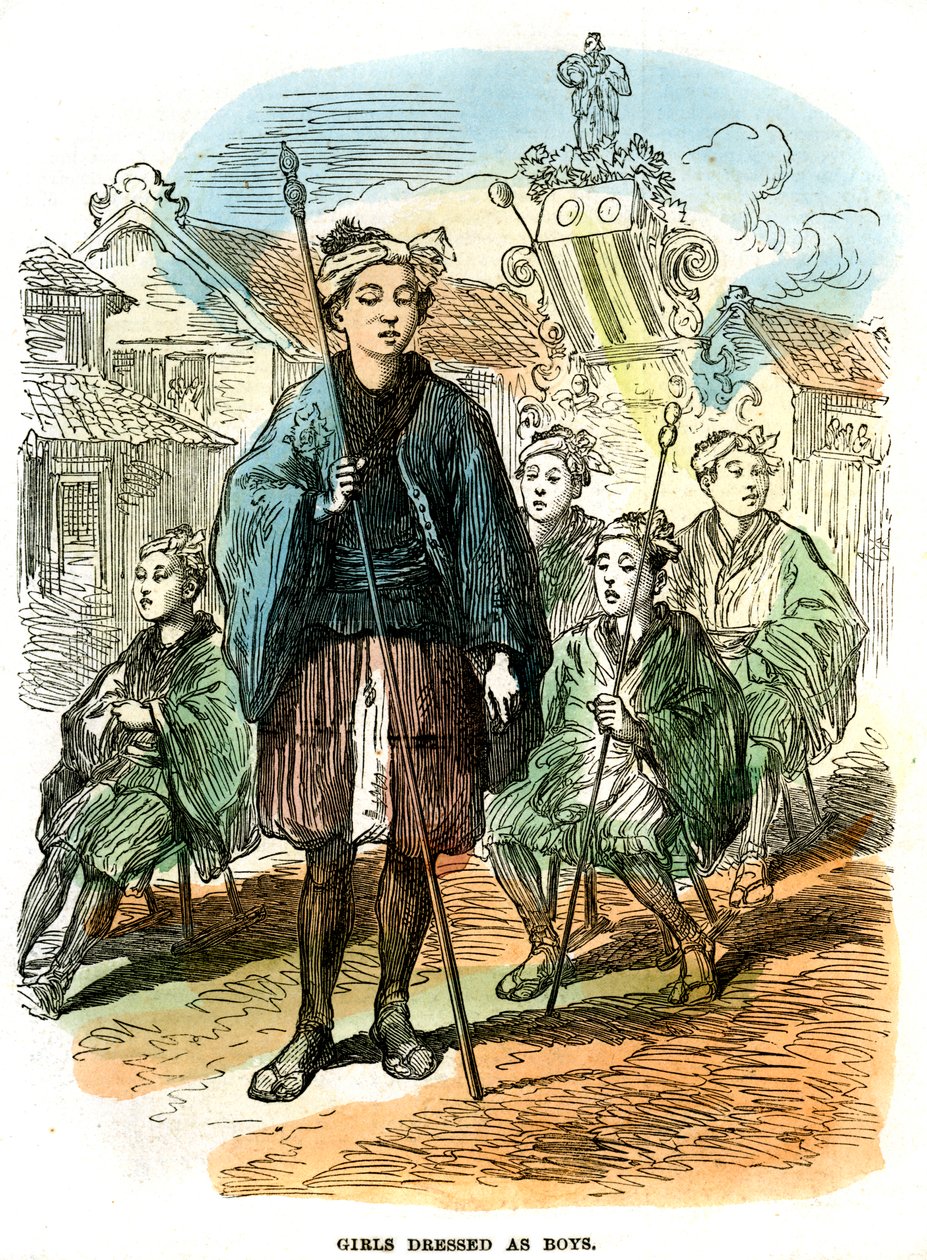 Dívky oblečené jako chlapci, novoroční festivalový průvod v Jokohamě, Japonsko, 1872 od Unbekannt