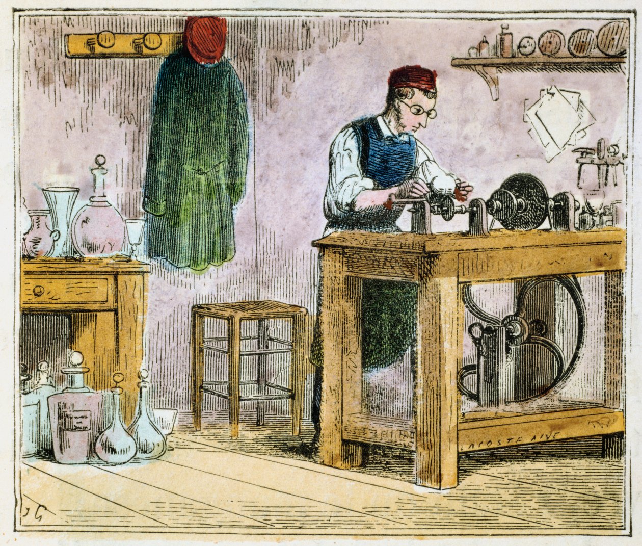 Skleněná řezačka na zdobení stolního nádobí na karborundovém kole, 1867 od Unbekannt