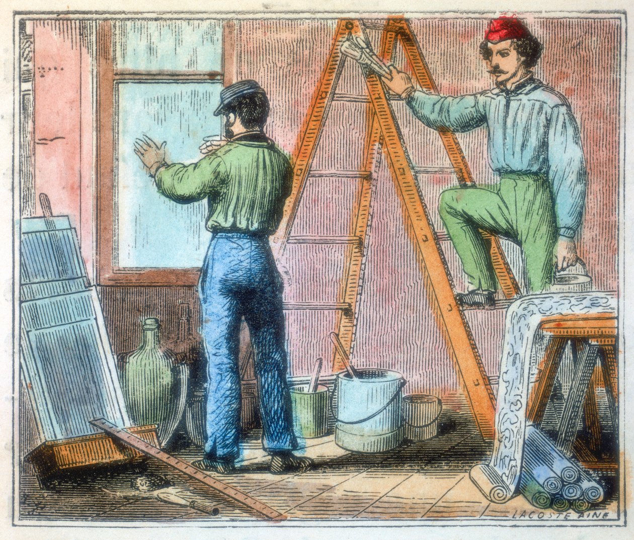 Sklenář a věšák na tapety pracující v domě, 1867 od Unbekannt
