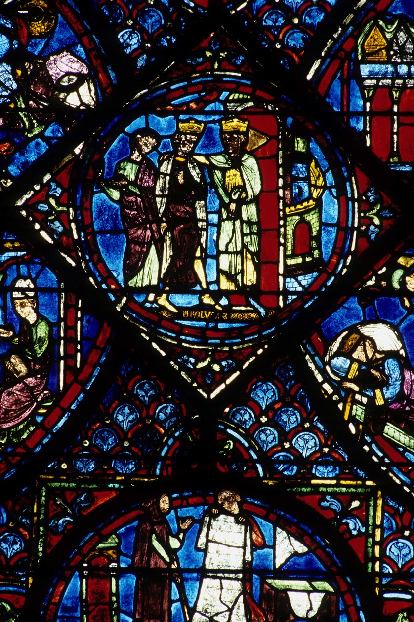 gotická architektura. Histoire de Charlemagne (detail): Karel Veliký (742-814) obdržel Konstantin I., byzantský císař. Vitráže severní ambulantní, absidiální. Cathedrale de Chartres. od Unbekannt