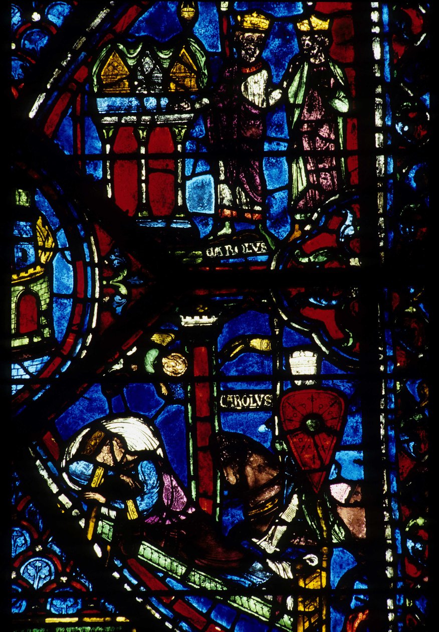 gotická architektura. Histoire de Charlemagne (detail): Karel Veliký (742-814) obdrží 3 hony (vysoké) a Vision of Constantine (Já, císař Byzantský). Vitráže severní ambulantní, absidiální. Cathedrale de Chartres. od Unbekannt