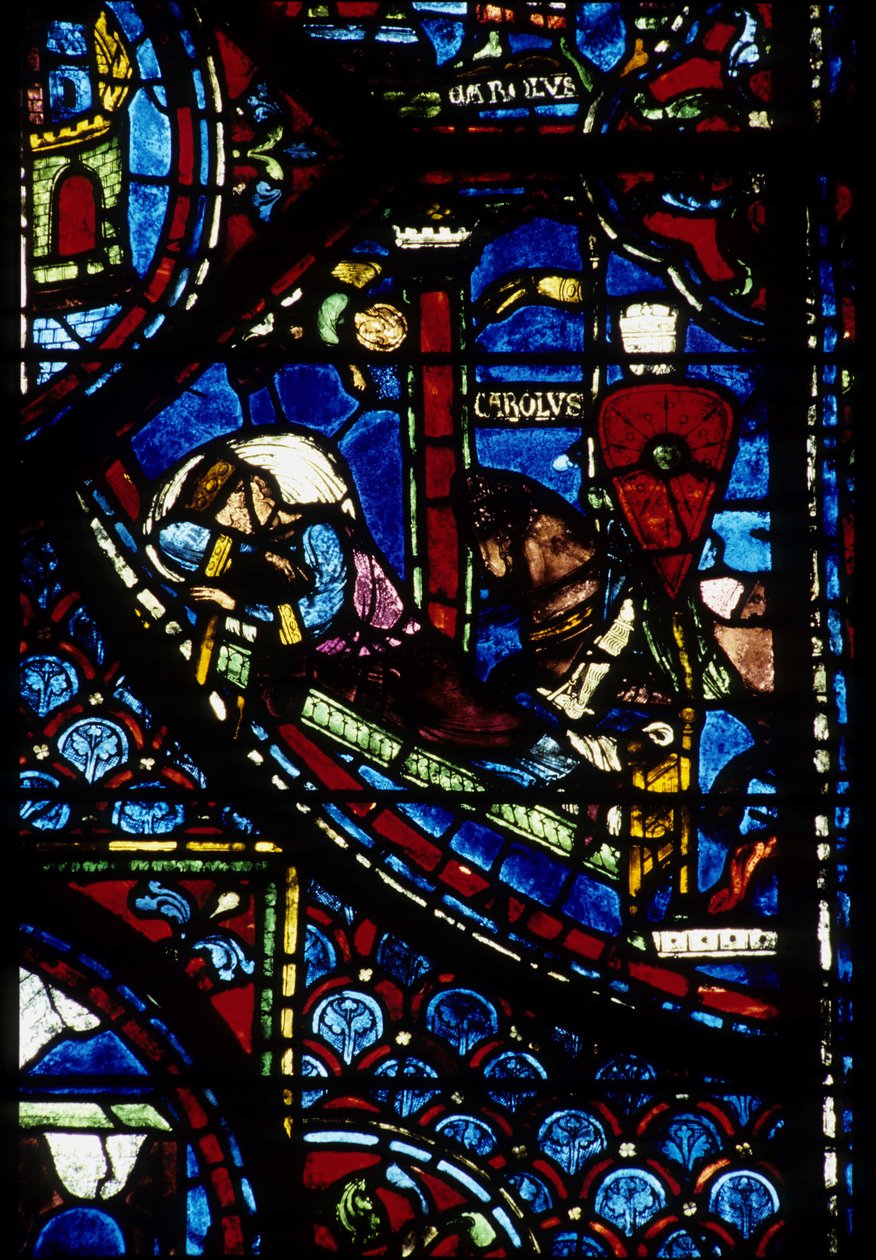 gotická architektura. Histoire de Charlemagne (detail): Vize Konstantina (Já, byzantský císař). Vitráže severní ambulantní, absidiální. Cathedrale de Chartres. od Unbekannt