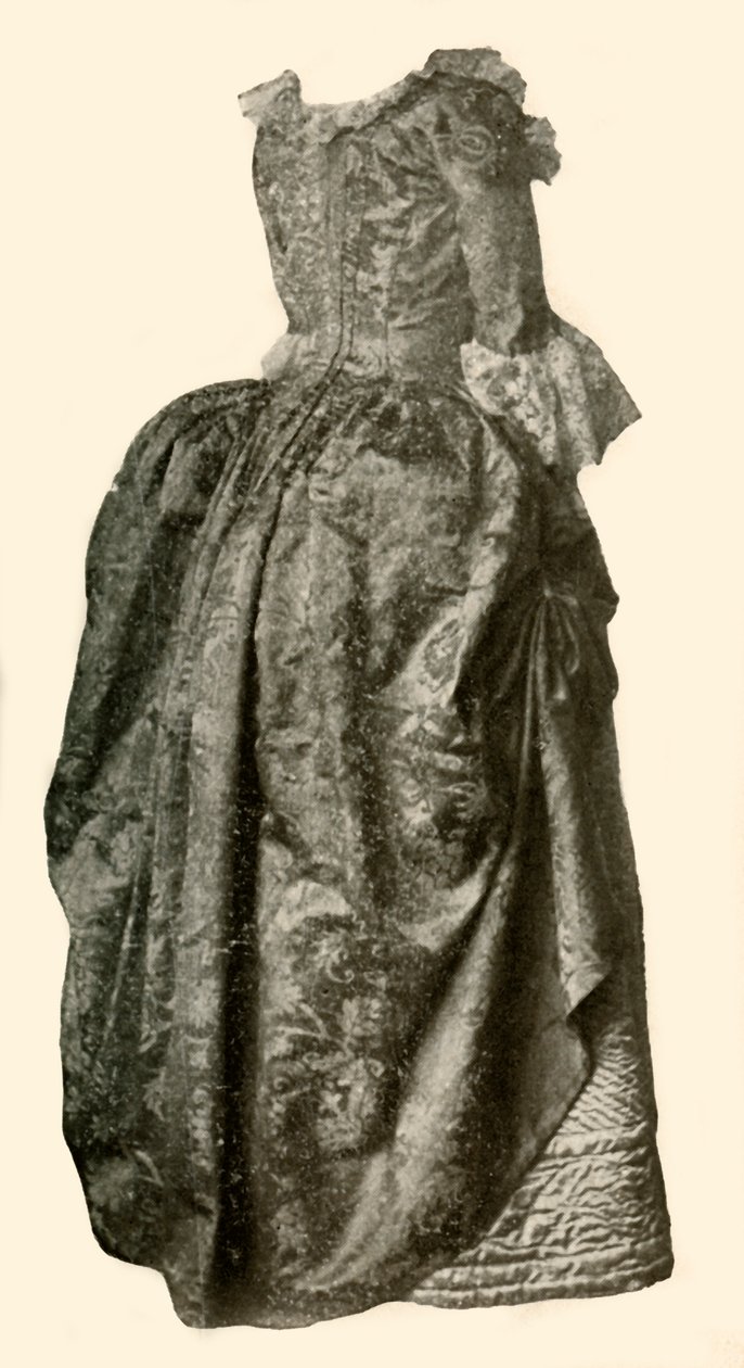 Šaty ze žlutého damaškového brokátu nošené přes modrou prošívanou saténovou spodničku, c1710-1730, 1937. od Unbekannt
