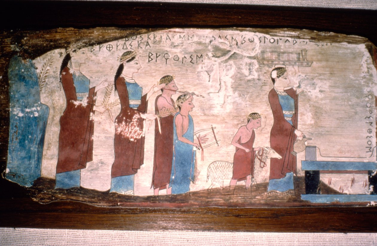 Řečtí hudebníci při oběti, malované na dřevě, c520BC-c500BC od Unbekannt