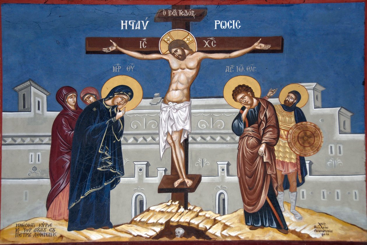 řecké ortodoxní křesťanství; malování; Ježíš Kristus na kříži; klášter Moni Ipsilou; ostrov Lesbos; Egejské moře; Řecko; Evropa od Unbekannt