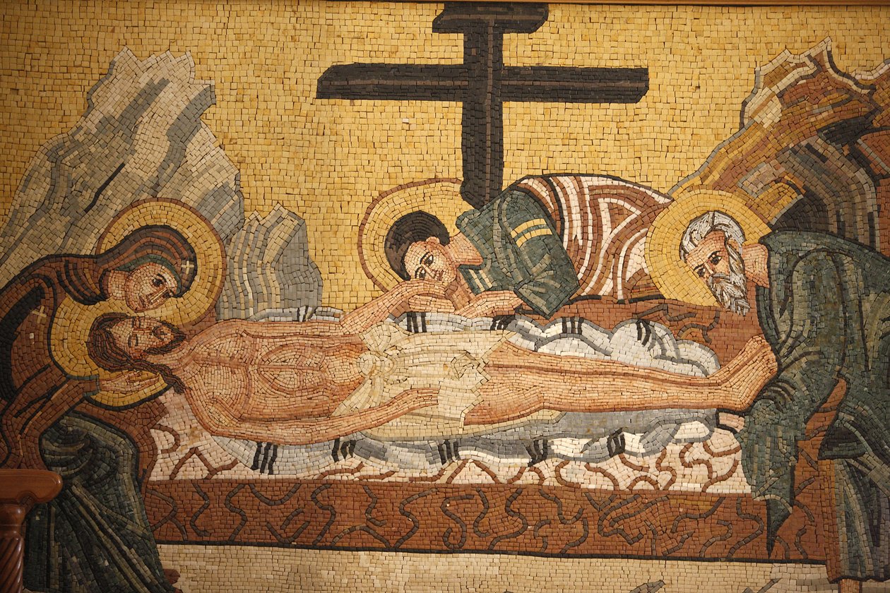 Řecká ortodoxní ikona zobrazující Kristovo pohřbení v pravoslavném kostele svatého Jiří, Madaba, Madaba, Jordanie od Unbekannt