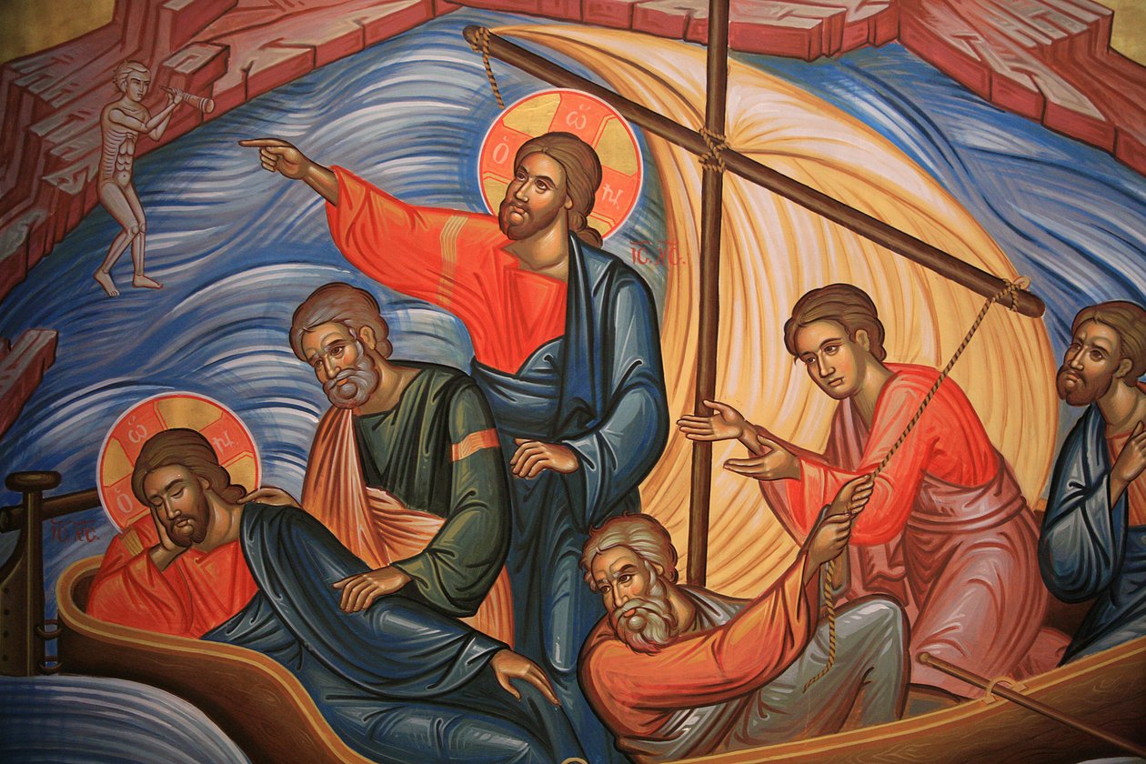 Řecká ortodoxní ikona zobrazující Ježíše (zobrazeno dvakrát) a jeho apoštoly na jezeře Tiberias Thessaloniki Řecko od Unbekannt