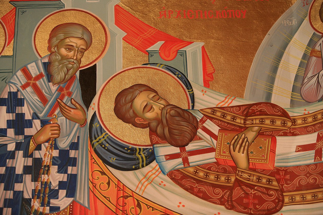 Řecká ortodoxní ikona zobrazující dormaci (smrt) svatého Řehoře Palamy, Soluň Řecko od Unbekannt