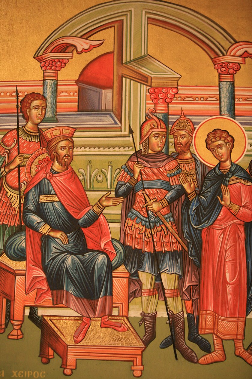 Řecká ortodoxní ikona znázorňující mučedníka s římským guvernérem Soluňským Řeckem od Unbekannt
