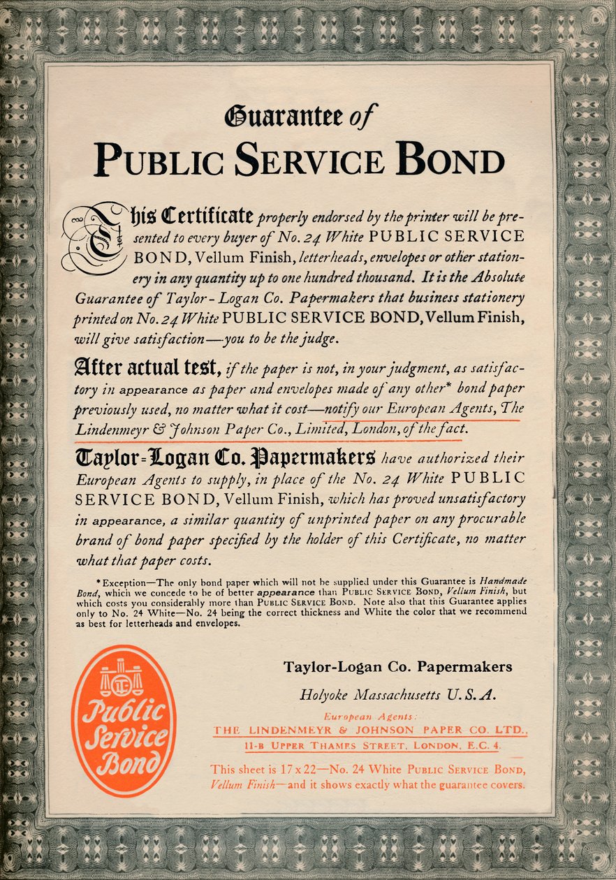 Záruka dluhopisů veřejné služby - reklama Taylor-Logan Co. Papermakers, 1919 od Unbekannt