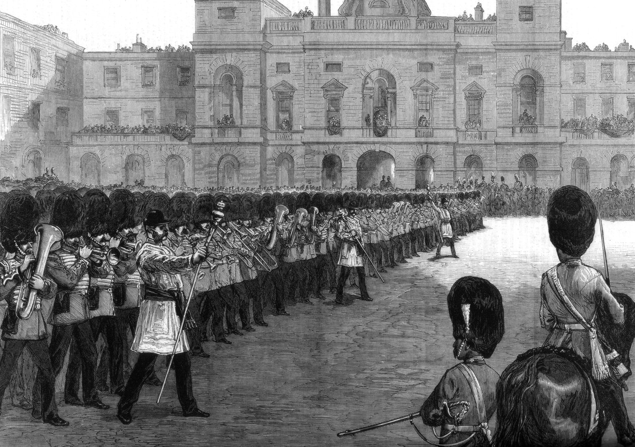 Stráže vydávají barvy v St James Park na narozeniny Jejího Veličenstva, 1875 od Unbekannt