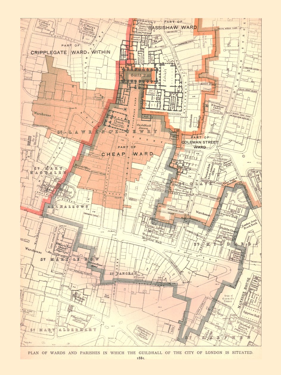 Guildhall City of London. Plán oddělení a farností, 1885, 1886 od Unbekannt