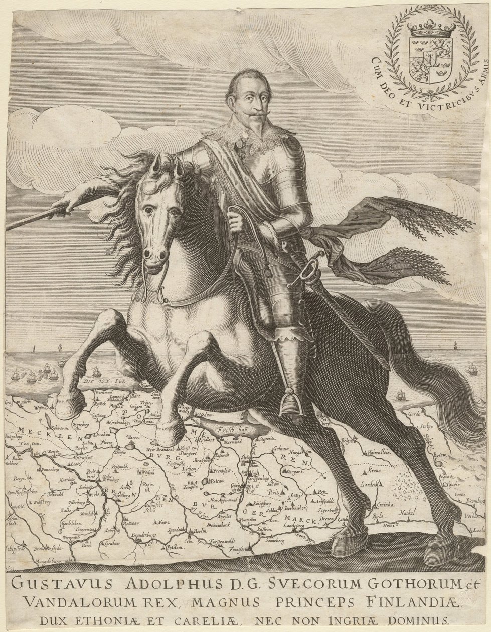 Gustavus Adolphus před mapou Pomořanska v pozadí, 1630 od Unbekannt
