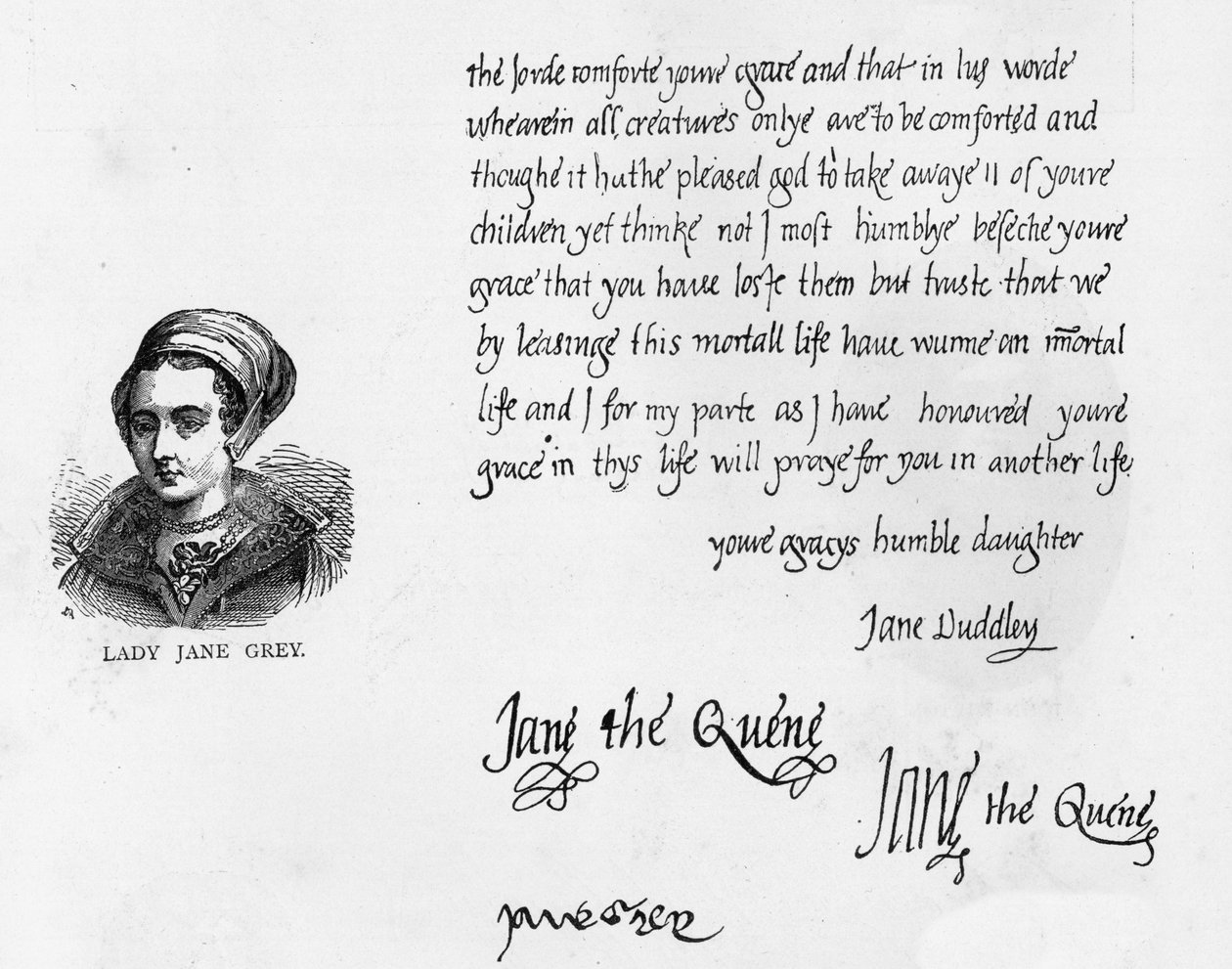 Rukopis a podpisy lady Jane Grayové jako královny s dopisem podepsaným Jane Dudley a napsaným jejímu otci, vévodovi ze Suffolku, těsně před její popravou od Unbekannt