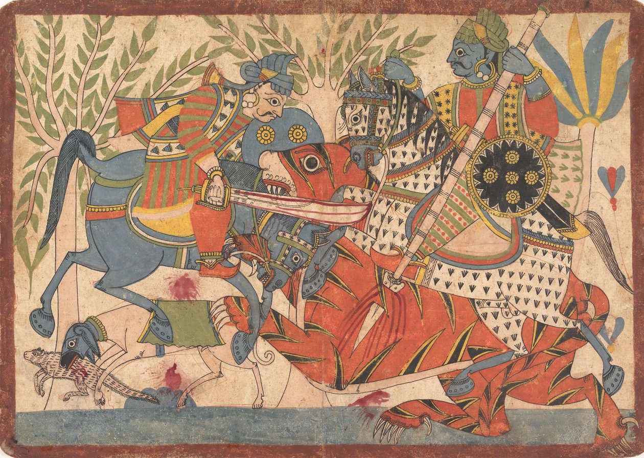 Harishchandra a jeho ministr Killing a Tiger folio ze série Harishchandra, 1800-1850. od Unbekannt
