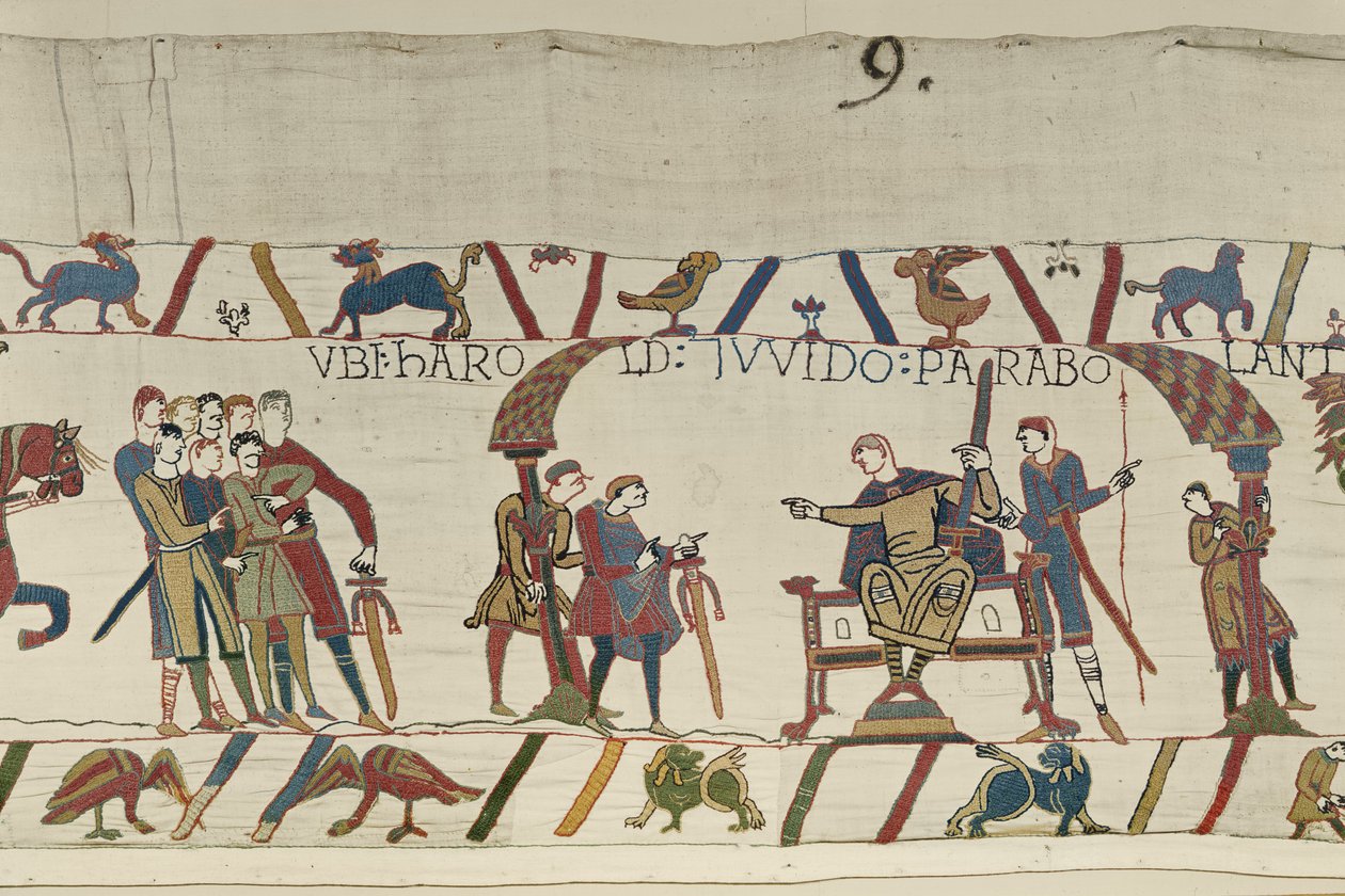Harold a hrabě Guy z Ponthieu spolu mluví v Beaurain, Bayeux Tapestry (vlněná výšivka na plátně) od Unbekannt