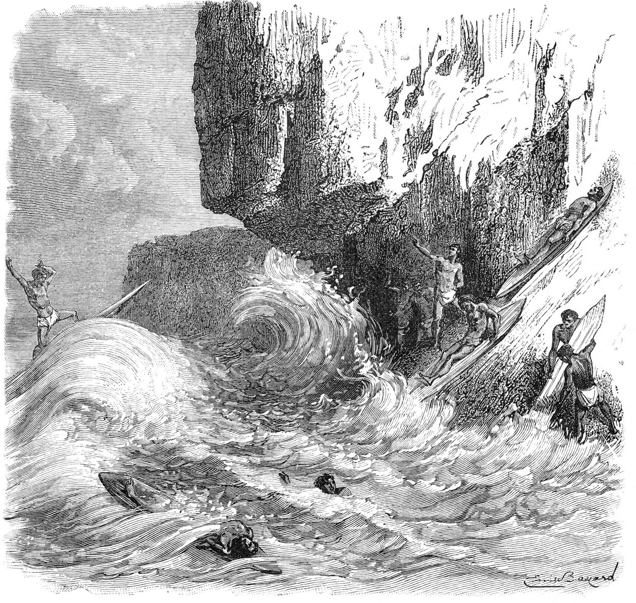 Havajští muži surfující pomocí dřevěných prken, c1895 od Unbekannt