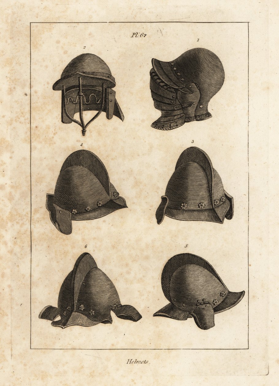 Přilba se sklopným pivem v Tower of London 1, přilba s dvojitou tyčí 2 a salát s orelem nebo sluchátky 3-6 od Unbekannt