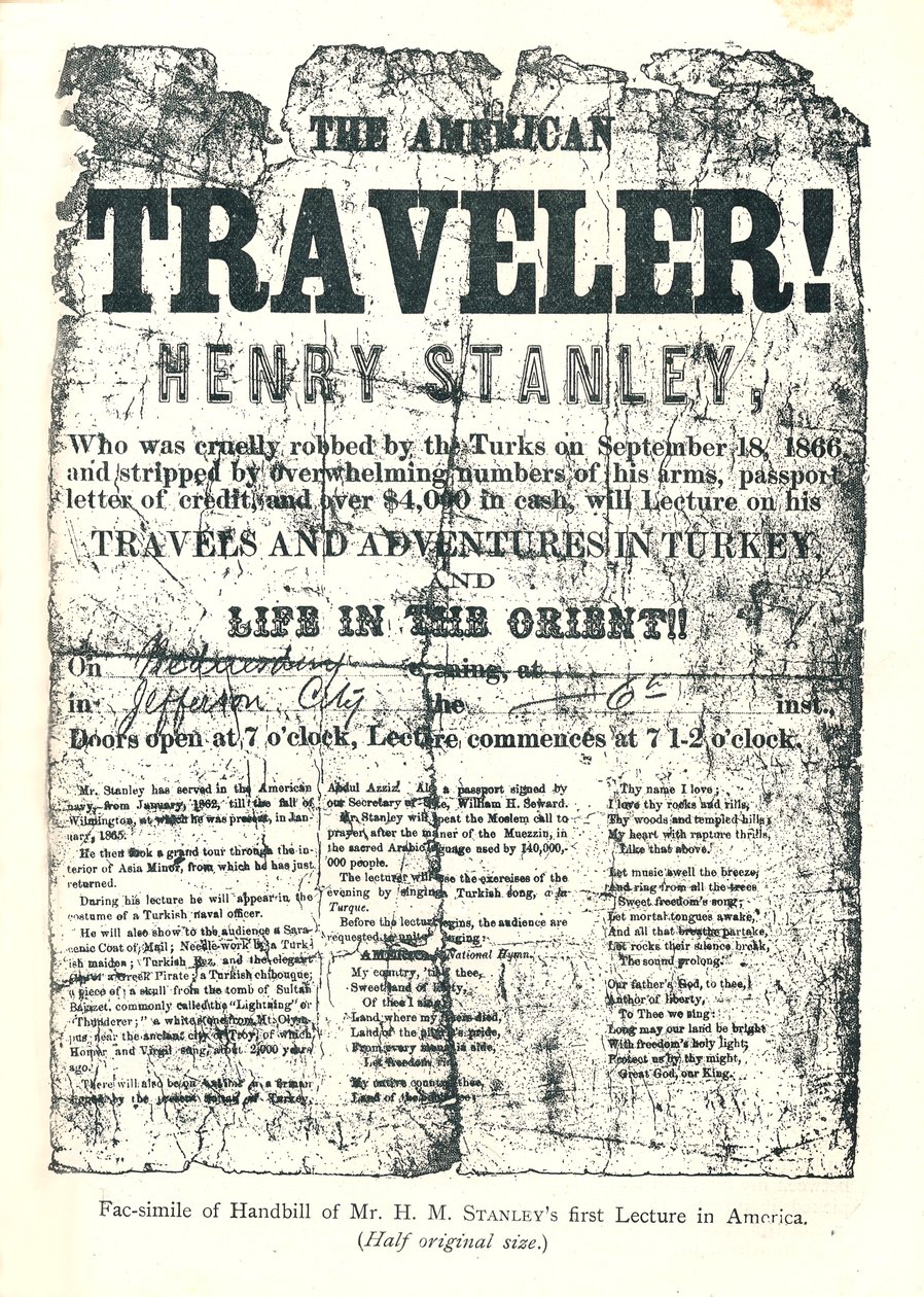 Henry M.Stanley, Handbill z Lecture Tour v Americe, Ve věku 31 let objevil Dr.Livingstone v Africe od Unbekannt