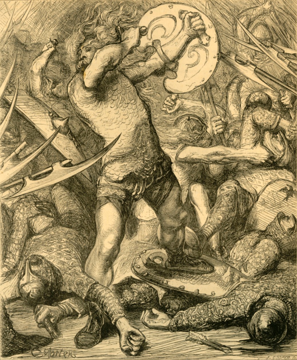 Hereward si prořezává cestu přes normanský hostitel, c1890. od Unbekannt