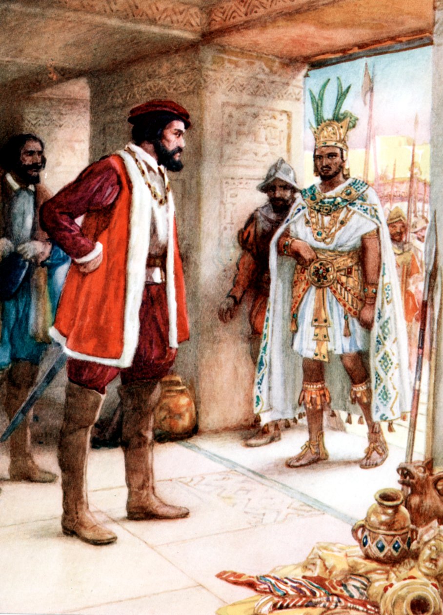 Hernan Cortes se setkal s aztéckým císařem Montezumou, 1519 od Unbekannt