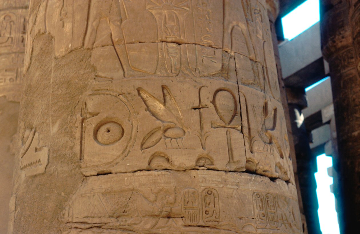 Hieroglyfy vytesané na sloupu v chrámu v Karnaku, Egypt, c14.–13. století před naším letopočtem od Unbekannt
