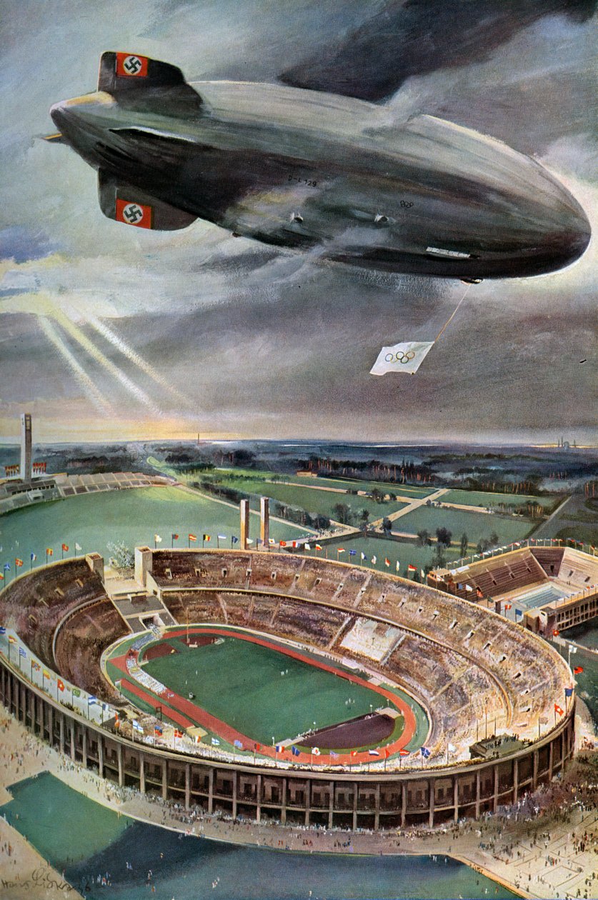 Hindenburg zeppelin nad olympijským stadionem, Berlín, 1936 od Unbekannt