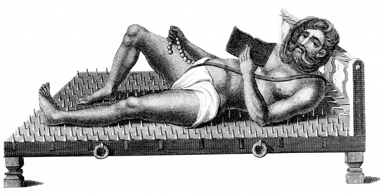 Hinduistický filozof Pararum Soatuntre Perkasanund ležící na lůžku ze železných hrotů, 1811 od Unbekannt