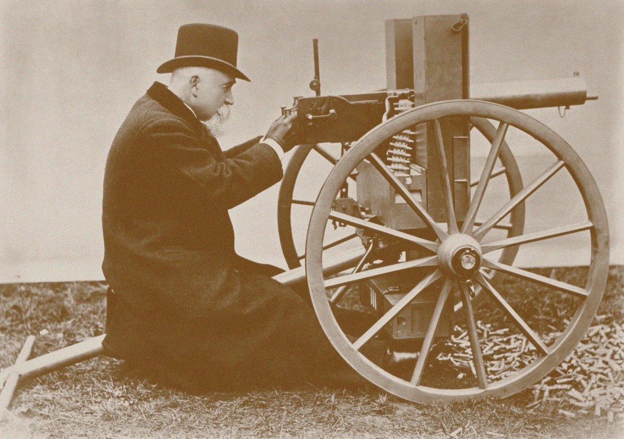 Hiram Maxim 1840-1916 představuje první automatický kulomet, 1884. od Unbekannt