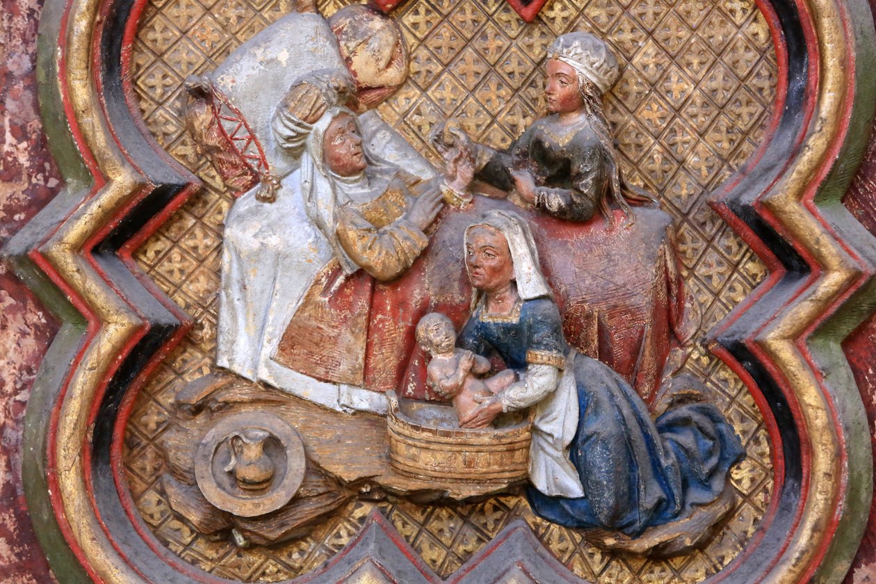 Historie sv. Jana Křtitele: „Narození sv. Jana Křtitele.“ Basreliéf severního konce severního chóru (1531). Polychromovaný kámen. 1531. Katedrála v Amiens, Amiens, Francie od Unbekannt