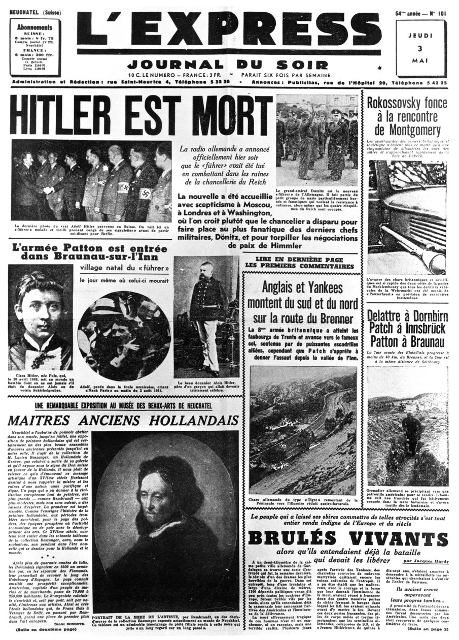 Hitler je mrtvý, titulní strana novin Lexpress, 3. května 1945 od Unbekannt