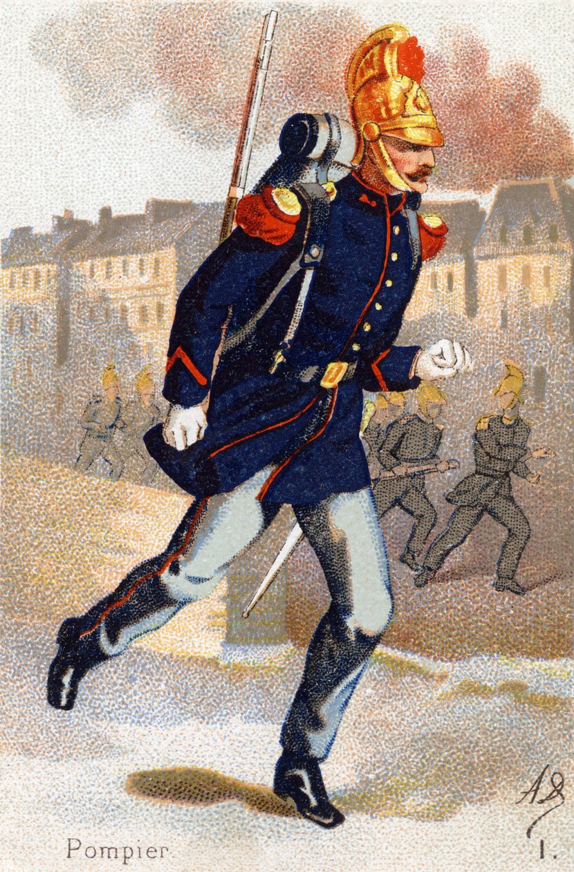 Já: Hasič. Rytina ve "vojenské abecedě" . Iniciály ilustrátora: A. D. Neznámý vydavatel. Chromolitografie konce 19. století. Rozměr: 10,5 x 7 cm. od Unbekannt