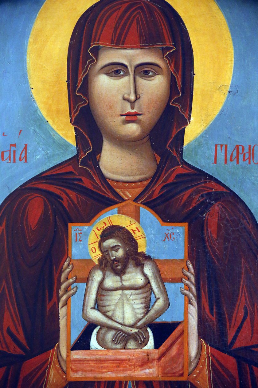 Ikona v byzantském muzeu Pedoulas: Saint Paraskevi drží ikonu ukřižování (1789), 20150510, Pedoulas, Kypr od Unbekannt