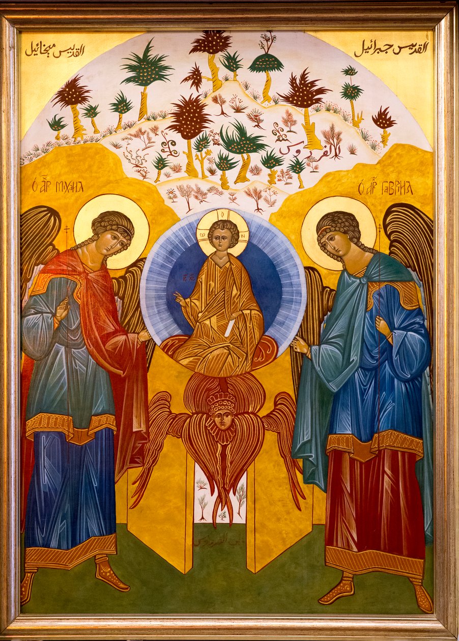 Ikona v nazaretské melkitské (řeckokatolické) církvi, Galilea, Izrael, Ježíš obklopený archanděly Michaelem a Gabrielem, 2018 (foto) od Unbekannt