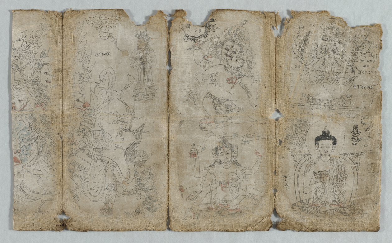 Ikonografická kresba: Vaishravana, Yama, Vsnisavijaya, Tara a Buddha recto, c. 1500. od Unbekannt
