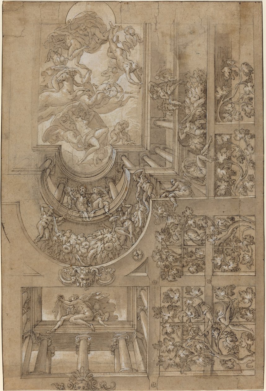 Iluzionistický strop s hroznovým altánem, figury na galeriích a centrální..., c. 1570158 od Unbekannt