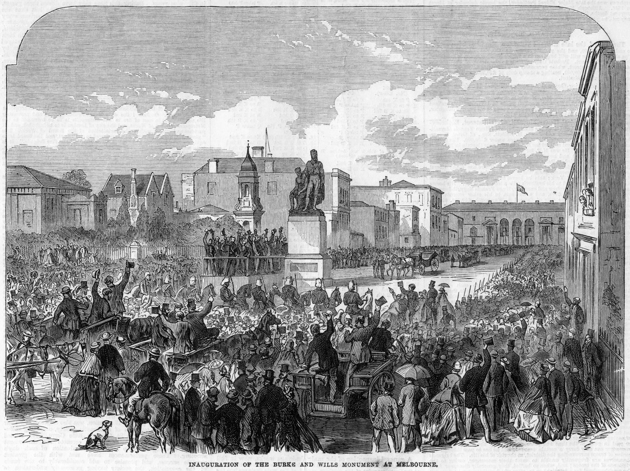 Slavnostní otevření památníku Burkeho a Willse v Melbourne, Austrálie, 1865 od Unbekannt