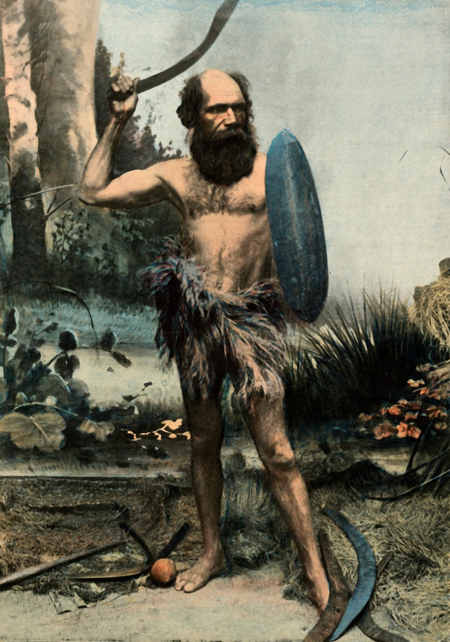 Indigene Australien Arme Du Boomerang, domorodý domorodec vyzbrojený bumerangem, 1900. od Unbekannt