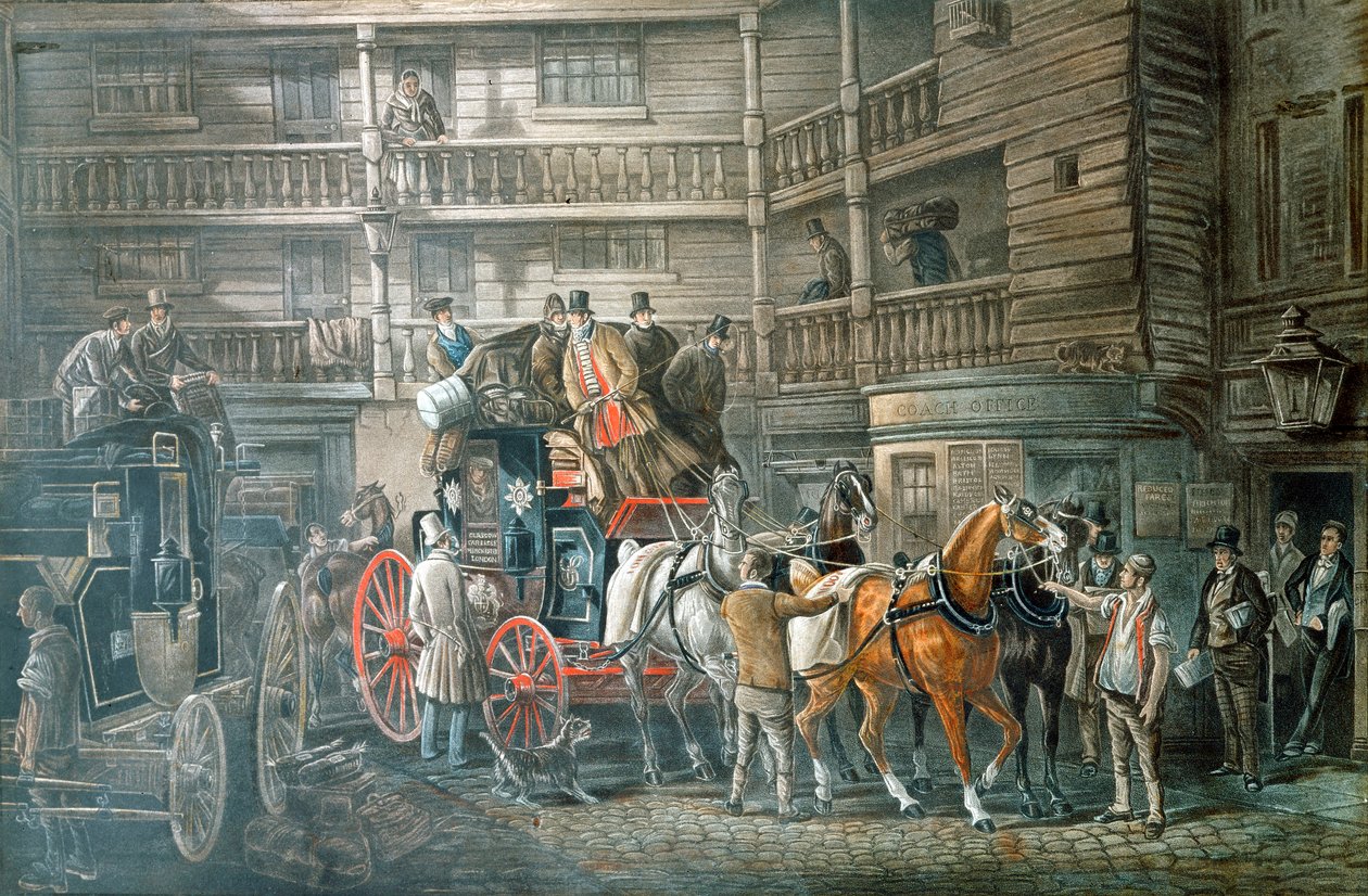 Hostinec s poštovním trenérem připravujícím se k odjezdu, c1840 od Unbekannt