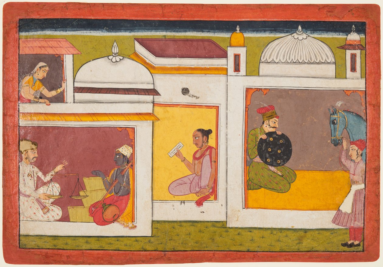 Uvnitř budovy sedí Madhava čelem k muži, který drží váhu, z Madhavanala..., c. 1700. od Unbekannt