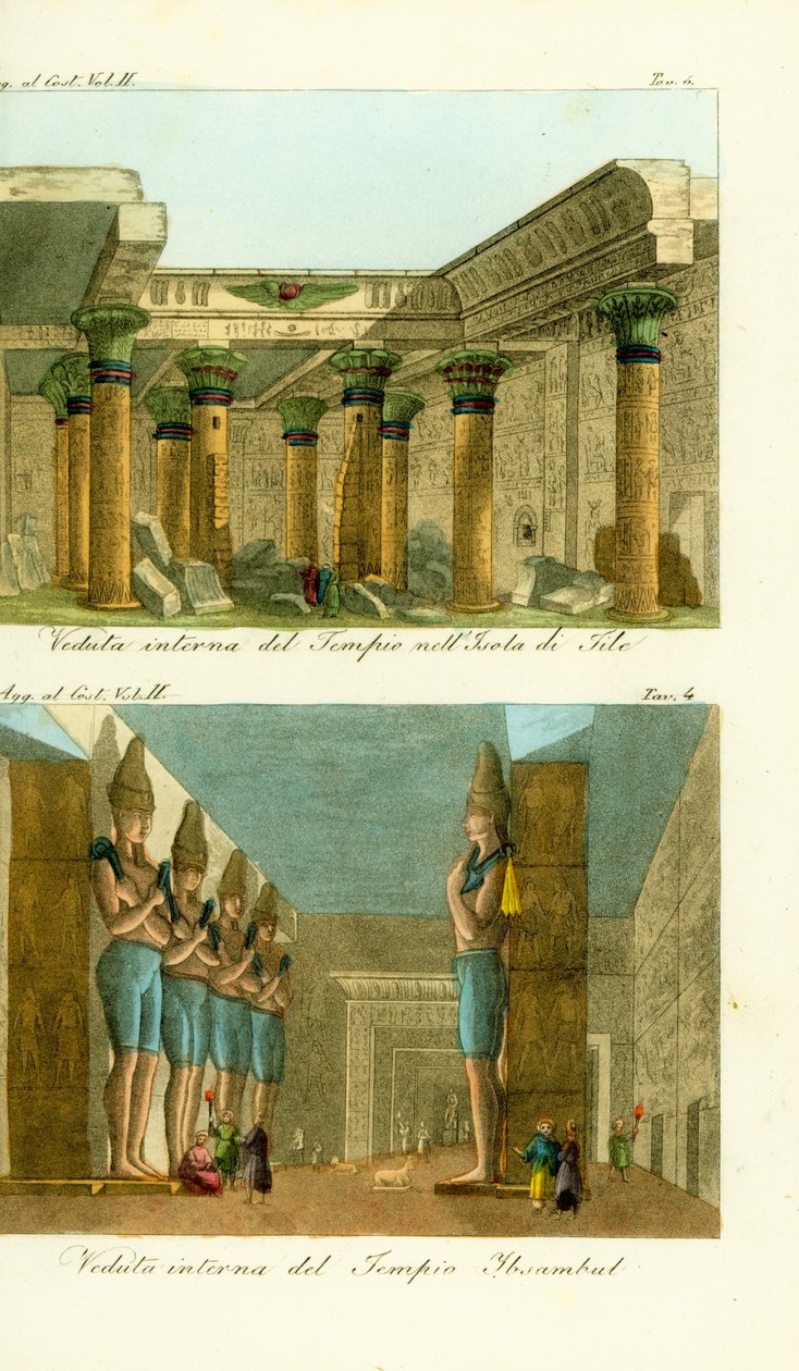 Interiér chrámu Isis na ostrově Philae v Núbii a interiér Velkého chrámu Ramsese II v Abu Simbel (Ibsambul), Núbie od Unbekannt