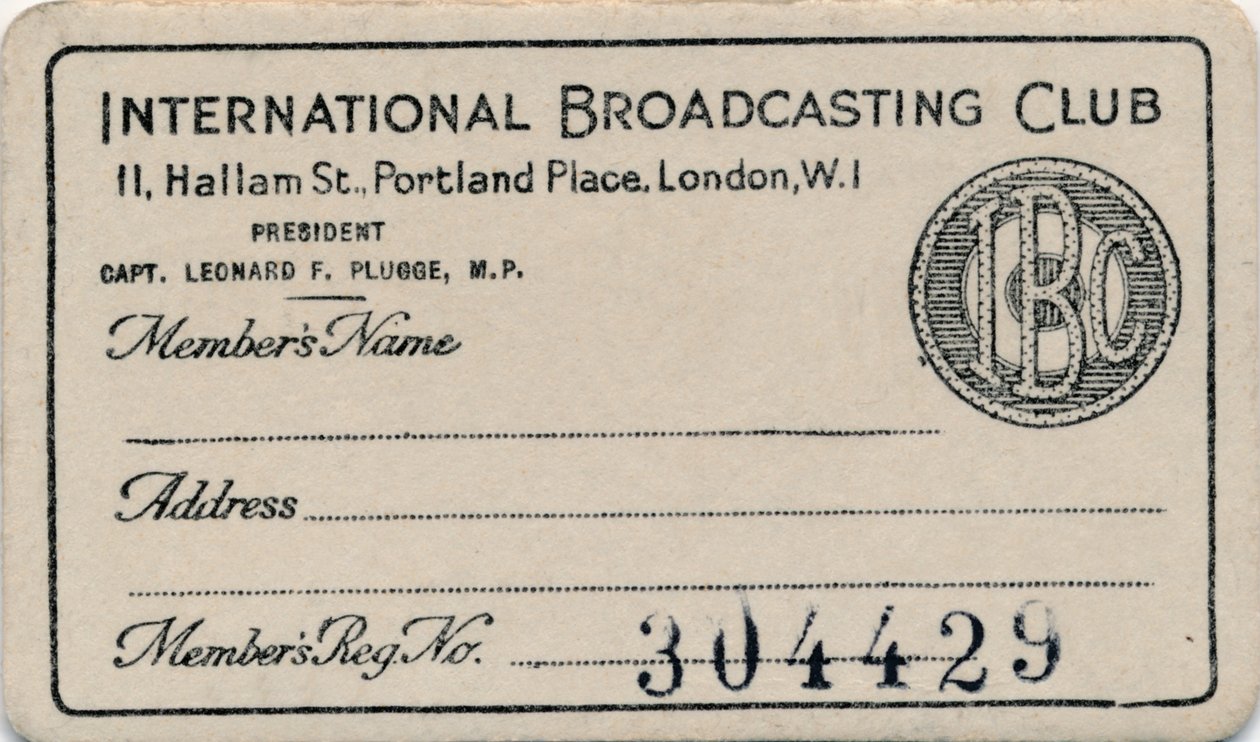 International Broadcasting Club: Členská karta, c1930 od Unbekannt