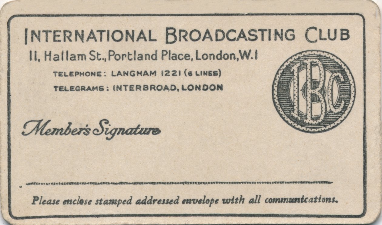 International Broadcasting Club: Členská karta, c1930 od Unbekannt