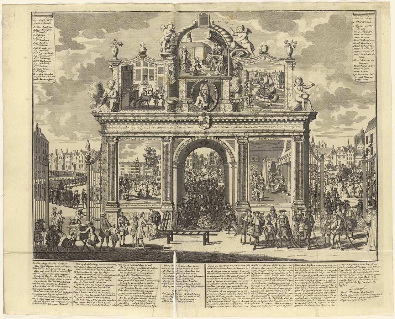 Investiční schémata: Pamětní oblouk postavený na pohřebišti zničených akcionářů, 1720. od Unbekannt